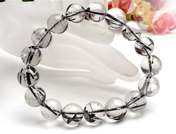 

beaded, strands brazil genuine natural black rutilated quartz bracelets 12.5mm stretch big crsystal round bead for women men
