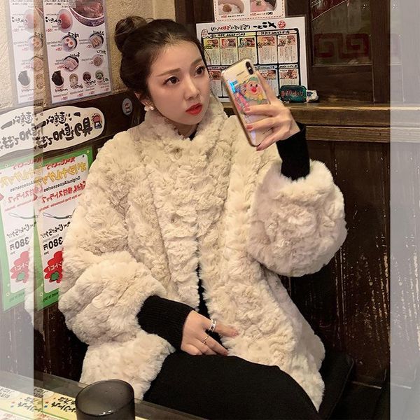 

2020 new rex fur coat women's winter stand-up collar warm jacket wild plush coat thicken outer, Black