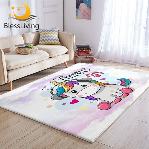 BlessLiving Sevimli Unicorn Çocuklar Gökkuşağı Saç Kilim Müzik Karikatür Oturma Odası Halı Masal Renkli Tapete Infantil 201214