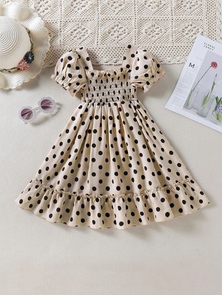 

toddler girls polka dot puff sleeve shirred bust ruffle hem dress she, Red;yellow