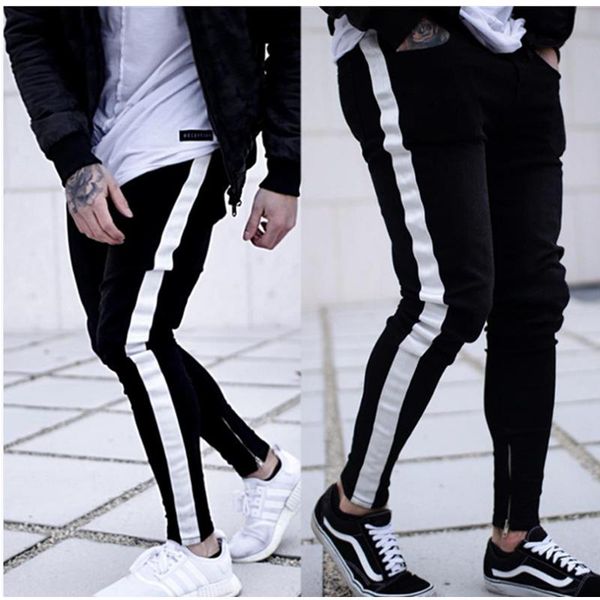 

2020 men 'side stripe jeans zipper designer stretch black slim jeans hip hop elastic waist joggers pencil pants pants, Blue
