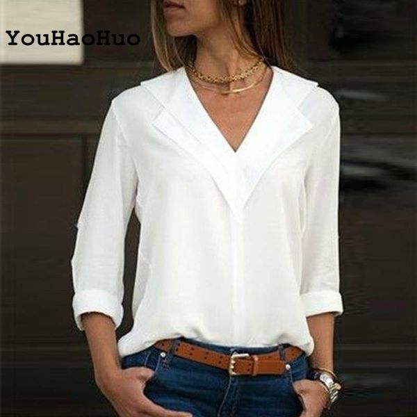 

women's blouses & shirts white blouse long sleeve double v-neck women and solid office shirt lady blusas camisa