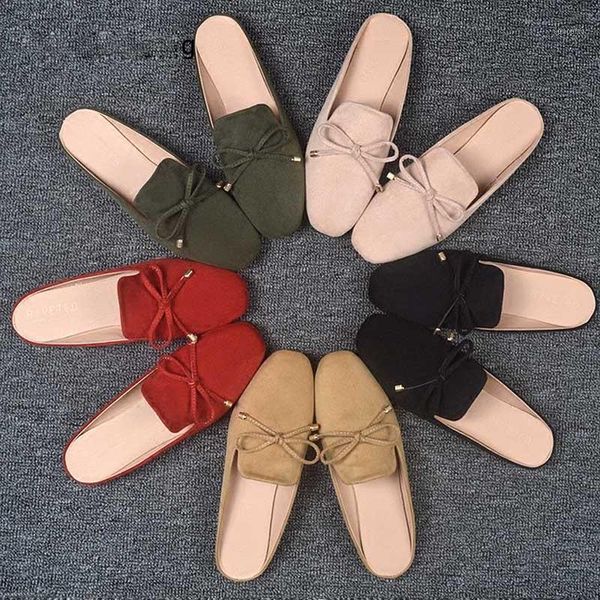 

women flat butterfly-knot suede slides summer new flat half slippers female outside casual mules shoes1, Black