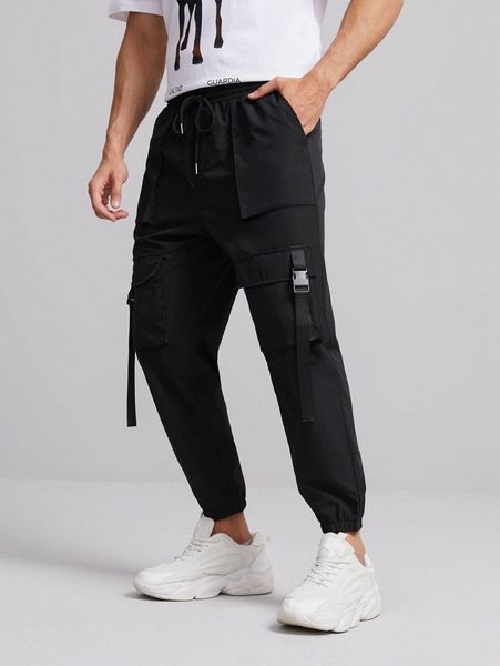 

men push buckle flap pocket pants n7ho#, Black