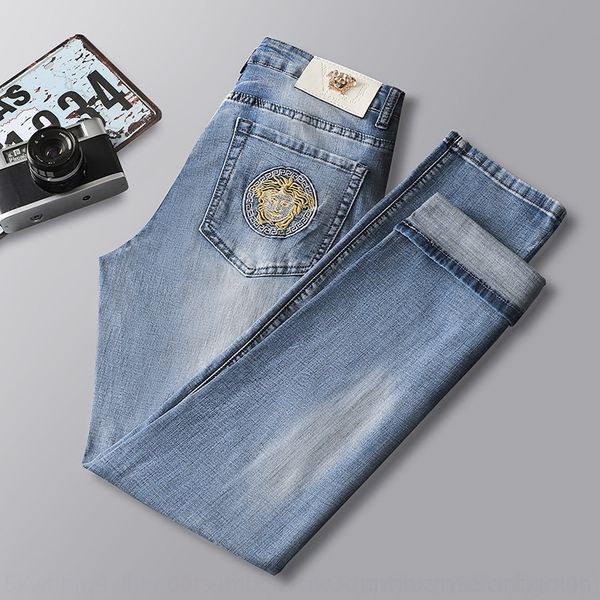 

zk34j summer thin trendy stretch new trousers casual jeans trousers brand jeans men's casual dusha embroidered large mei long pants tre, Blue
