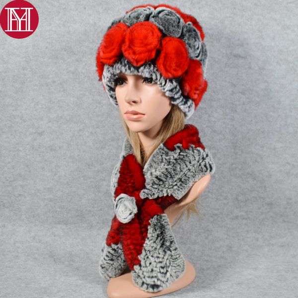 

women 2 pieces sets knitted flower real rex fur hat scarf rex fur cap scarves natural poncho hats, Blue;gray