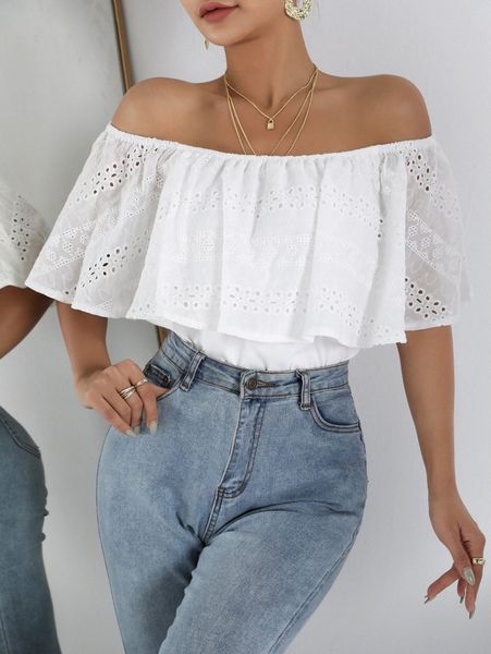 

off shoulder schiffy foldover front f95h#, White