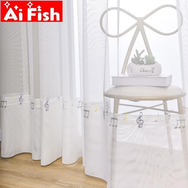 

white embroidered with double-layer folds of musical note lace bottom tulle curtains drape for children's bedroom gauze zh219#451