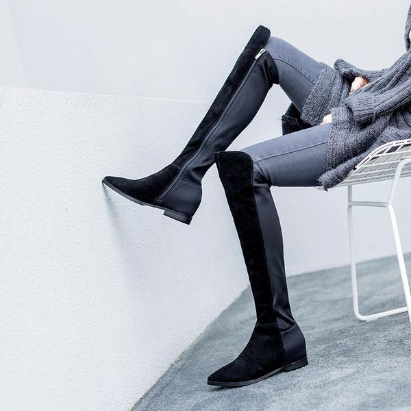 

ins women over-the-knee boots 22-26.5cm winter boots cow suede stitching elastic cloth women snow long1, Black