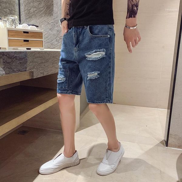 

japanese retro literary style teen street brokean hole denim shorts fashion wild mens jeans, Blue