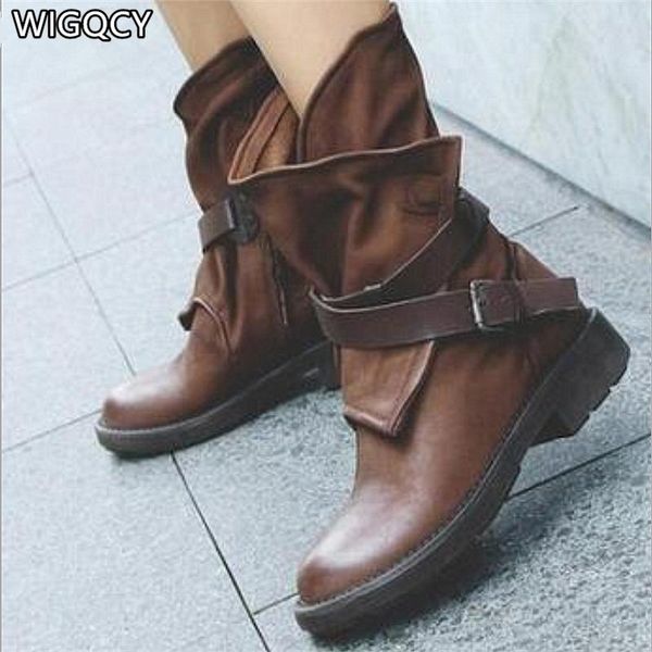 

fall/winter 2020 new women's european and american round head pu buckle low square heel women plus size 43 boots d1457, Black