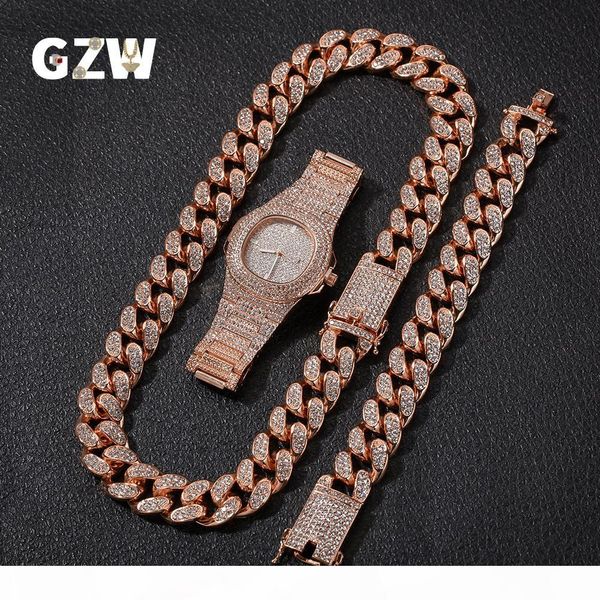 

new fashion personalized 20mm gold blingbling mens cuban link chain necklace bracelet watch set hip hop rapper jewelry gifts for men guys, Silver