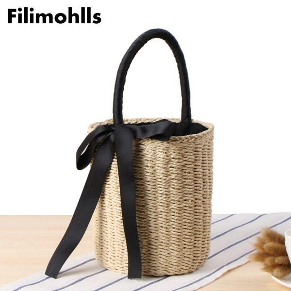 

bucket-shaped cute straw bag knitted flower beach designer bag handle women straw bags summer female bowknot bags f-461