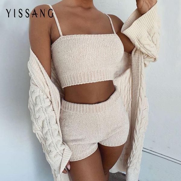 

yissang summer knitted two piece set women strap short sleeve crop and pants matching set 2 piece lounge wear 2021, Gray