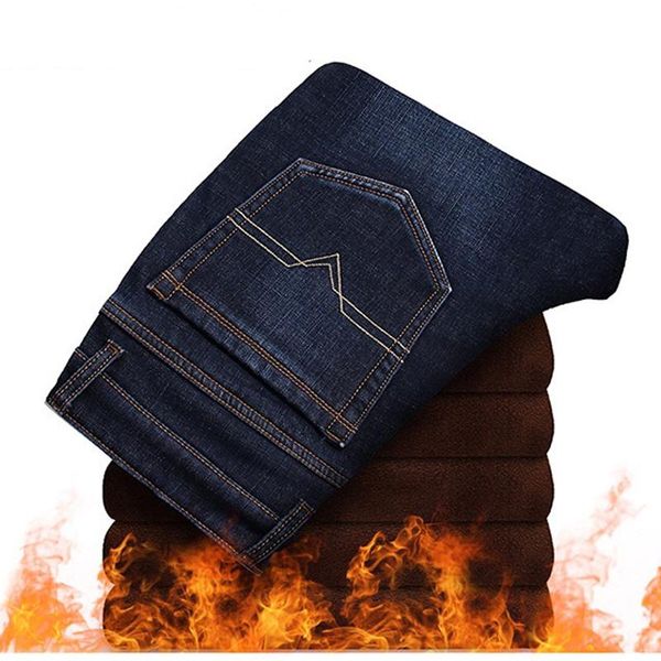 

men's jeans winter warm pants fleece lined stretch thick velvet plus size 42 business men, Blue