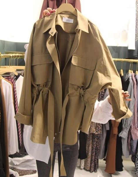 

women spring elegant tie up windbreaker casual waist slim pockets short trench streetwear loose bat sleeved thin coat1, Tan;black