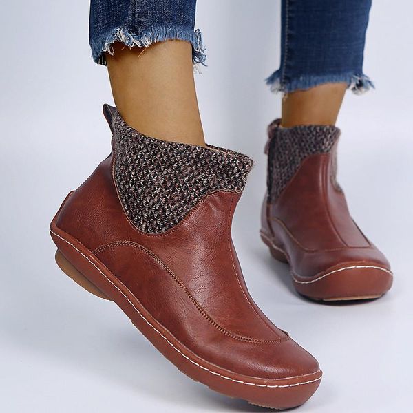 

boots 2021 spring women ankle knit pu patchwork retro female woman round heel flat shoes autumn comfortable zipper shoe, Black
