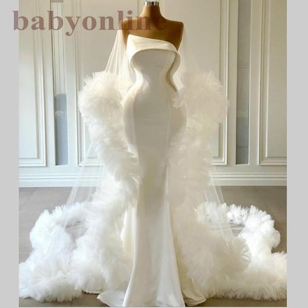

modest satin mermaid wedding dresses with wrap ruffles tulle strapless customize vestido de novia new fashion bohemia birdal dress, White