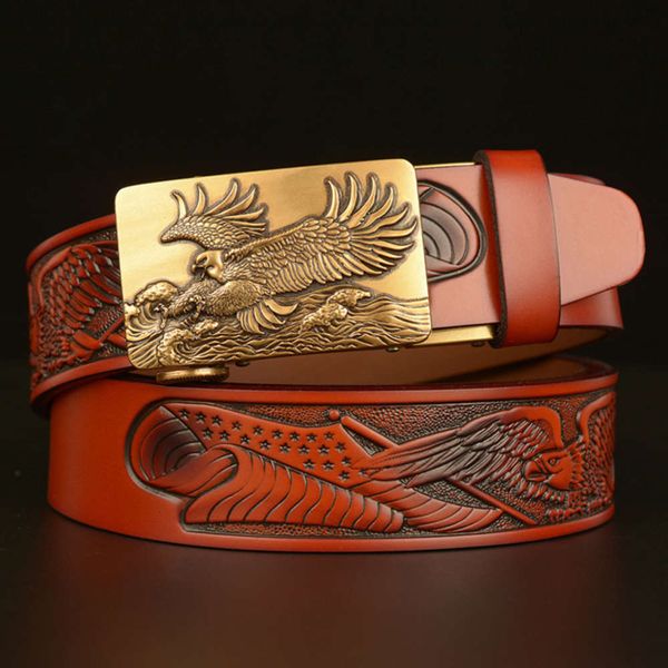 

personalized eagle wings automatic buckle men's genuine carved leather casual jeans belt, Black;brown