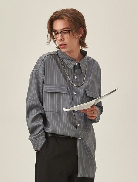 

extended sizes men flap pocket striped shirt without chain a33u#, White;black