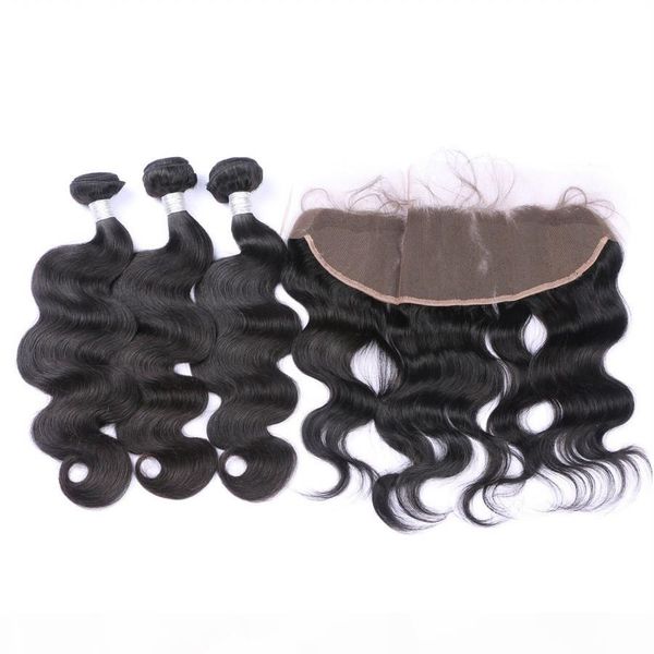 

body wave brazilian human virgin remy hair lace frontal with 3 bundles 13x4 ear to ear lace frontal human hair weaves closure, Black;brown