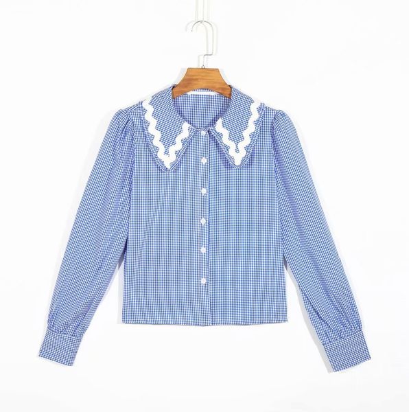 

2021 new blue plaid embroidered blouse women autumn long sleeve turn down collar button shirts casual vintage elegant shirt vnje, White
