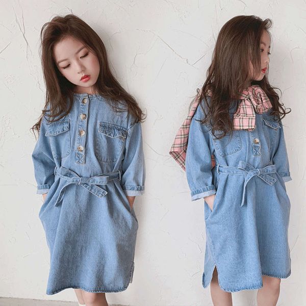 

children's autumn new girls' tethered denim drs, Red;yellow