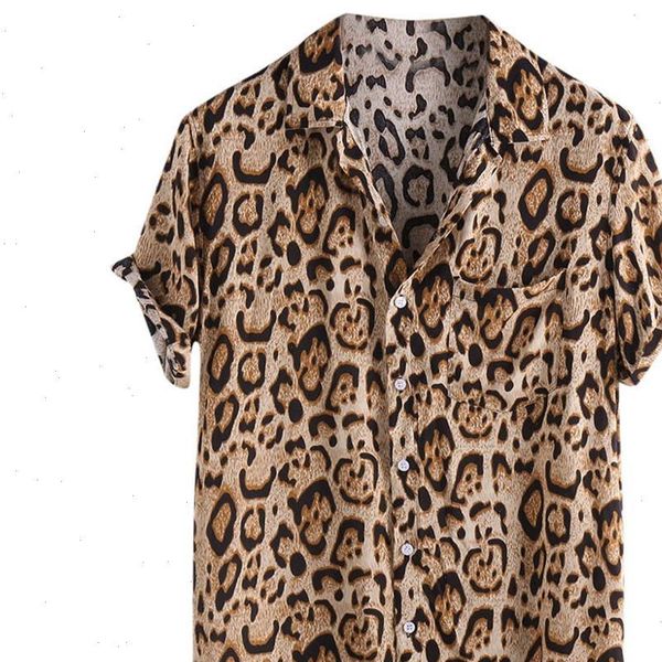 

mens shirt leopard printed chest pocket turn down collar short sleeve loose streetwear shirt chemise homme hawaiian shirt, White;black