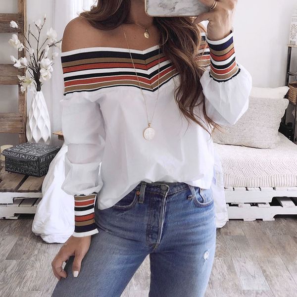 

women autumn casual multicolor long sleeve off shoulder blouse off-the-shoulder printed knit panel shirt casual t-shirt, White