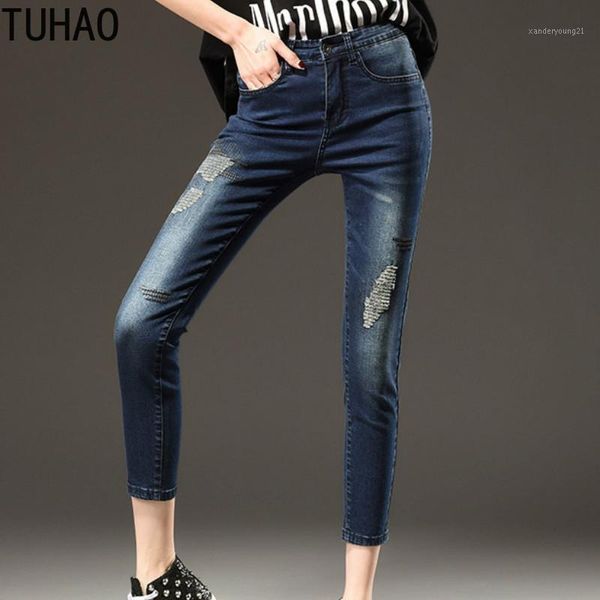 

women's jeans tuhao summer women's plus size 7xl 6xl 5xl high waist elastic hole patch denim pants skinny women lz1, Blue