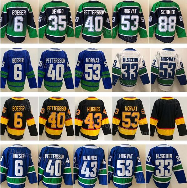 Hóquei no Gelo 53 Bo Horvat Jersey 6 Brock Boeser 40 Elias Pettersson 43 Quinn Hughes 35 Thatcher Demko Reverse Retro Team Azul Branco Alternativo Homens Negros Costurados Bom