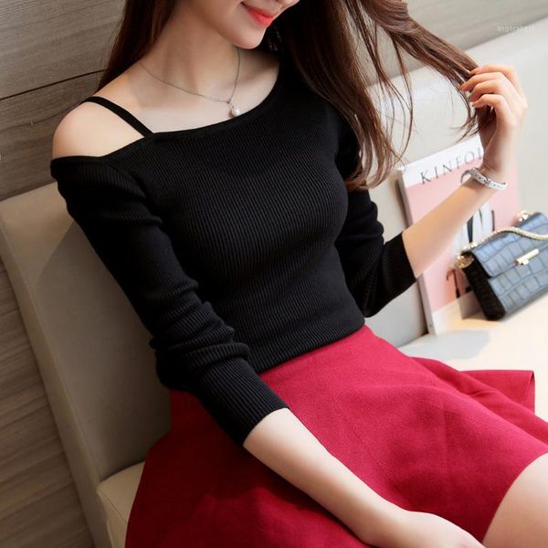 

fashion off shoulder women long-sleeve knitted sweater casual elegant skinny slim female pullovers autumn winter1, White;black