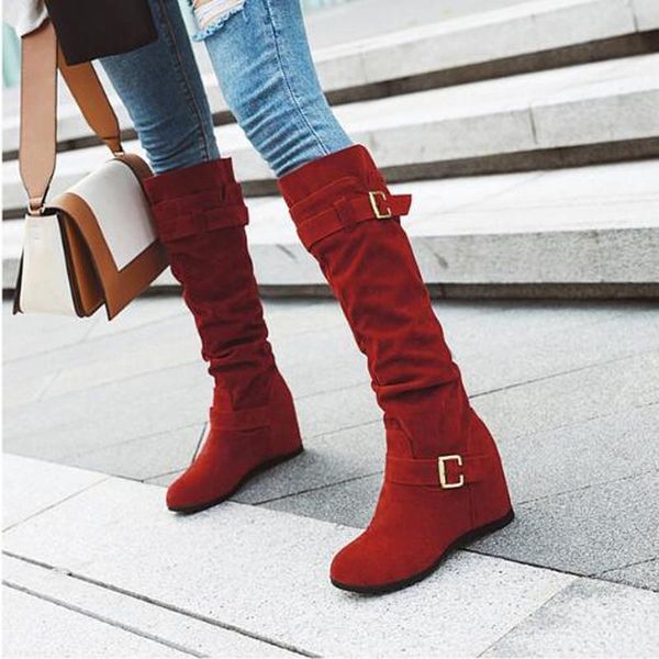 

women knee high boots gladiator shoe plus size autumn height incleasing wedges shoes booties pu leather shoe botas mujer d2071, Black