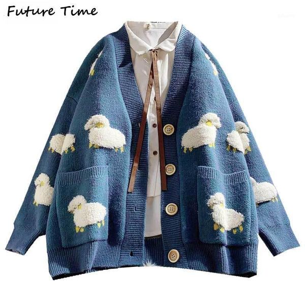

2020 autumn new knit female cardigan loose knit sweater coat cute cartoon print v neck knitted cardigan women1, White