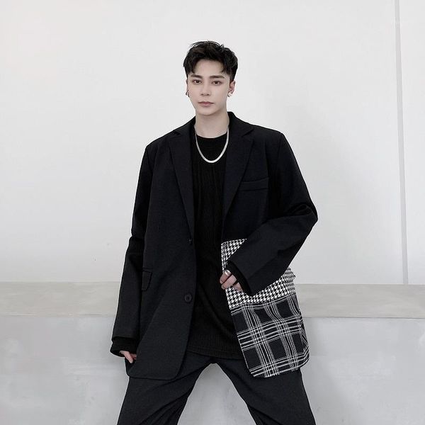 

new male japan korea streetwear vintage suit coat outerwear men plaid splice retro casual loose suit blazers jacket1, White;black