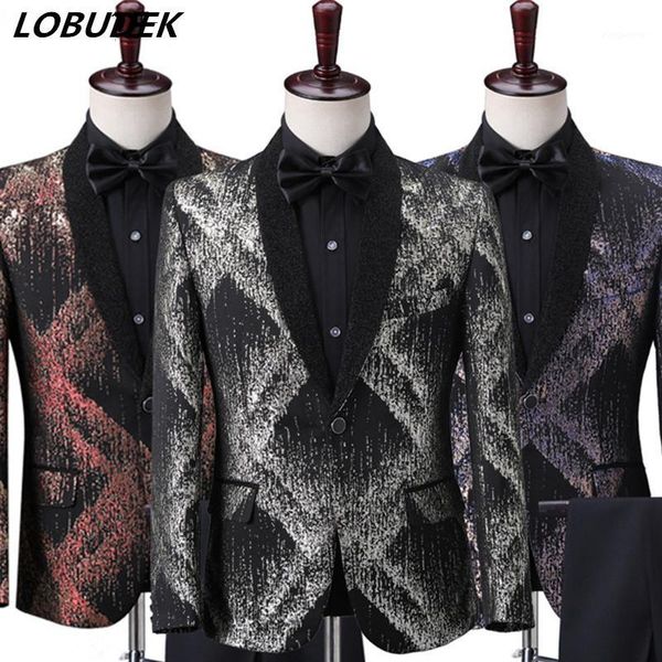 

2020 new prom evening performance men's stage blazers bright wire tuxedo male singer host suit jacket wedding groom formal dress1, White;black