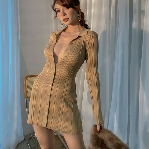 

2021 new fall thin winte mesh mini dress turn-down collar tight waistcoat long sleeve waistband dresses for high-waisted woman 91ip, Black;gray