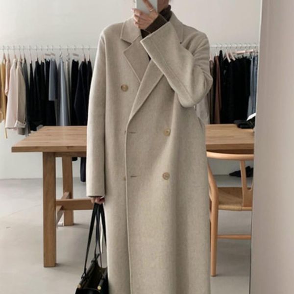 

women's wool & blends autumn winter women coat vintage loose casual solid double-breasted pockets woolen outwear sashes calf -length ja, Black