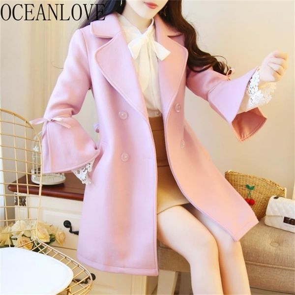 

oceanlove thick solid pink sweet abrigos mujer invierno v neck flare sleeve double breasted wool coat women winter 13121 201215, Black