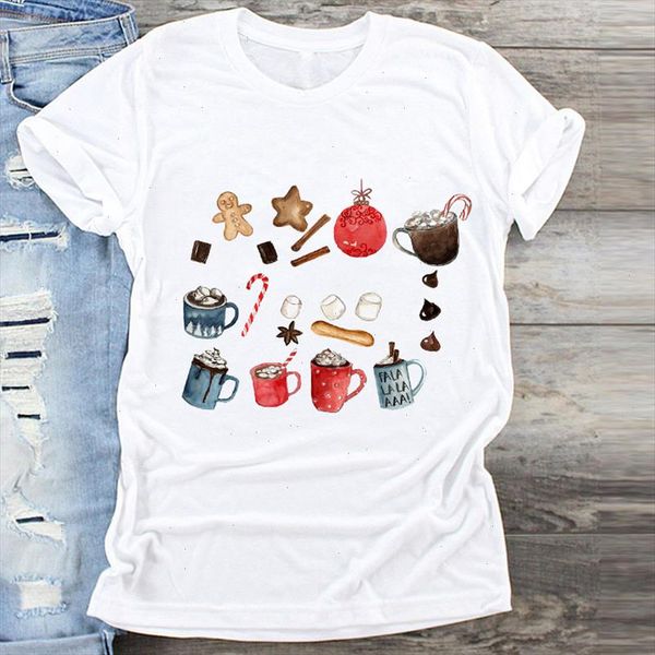 

women season coffee cookies new year fashion merry christmas print clothes graphic female tshirts t shirt ladies tee t shirt, White