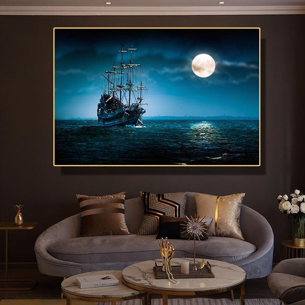 

paintings canvas painting seascape poster hd moon and medieval sea warship picture creativity home decor living room modern art