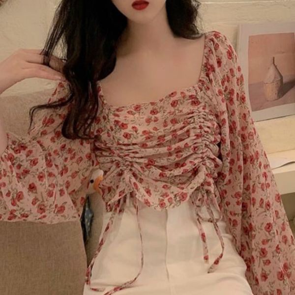 

2021 new square collar floral blouse sweet long sleeve women chiffon short 2021 spring korean casual designer clothes ladies 0yla, White