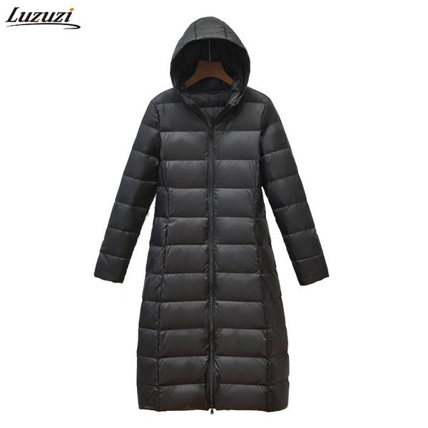 

luzuzi down jacket women's overcoat ultra light slim solid coat portable parkas woman padded hooded long jacket white duck down, Black