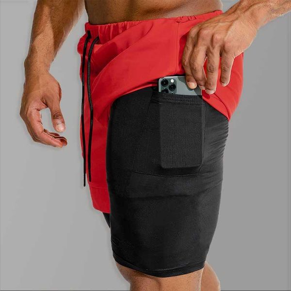 

men 2 in 1 compression fitness shorts men bodybuilding causal shorts male 2020 gym summer quick dry beach short homme1, White;black