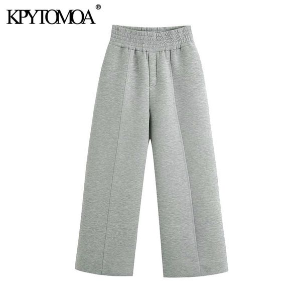 

kpytomoa women chic fashion seam details wide leg pants vintage high elastic waist loose female ankle trousers mujer 201109, Black;white