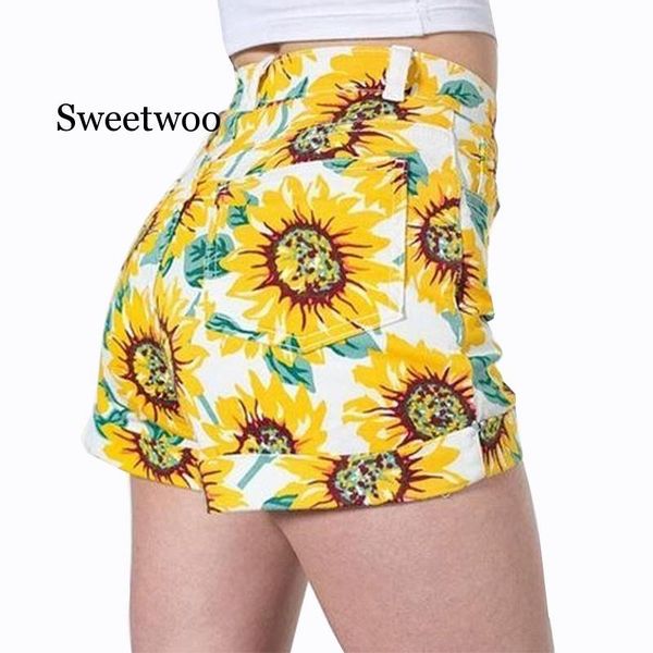 

beach summer denim shorts women fashion vintage sunflower pattern cotton casual high waisted female shorts beach style, White;black