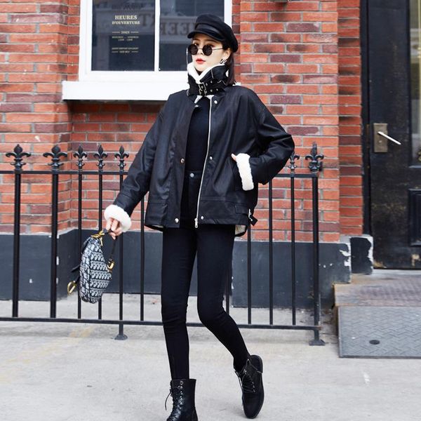 

women's jackets sheepskin lamb wool coat 2021 autumn winter thickening latest fur integrated motorcycle loose velvet cotton, Black;brown
