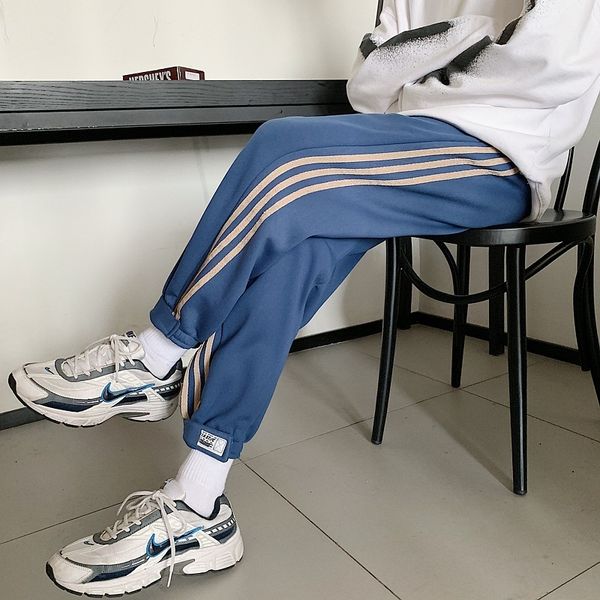 

casual autumn and winter new korean loose trend thickened plush striped sports men's pants, Black