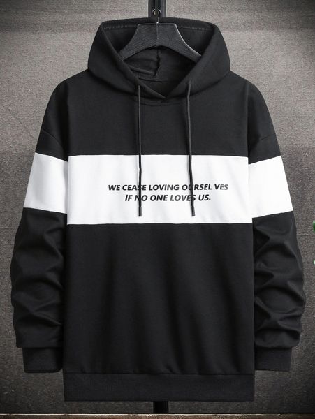 

men slogan graphic color-block drawstring hoodie y2lo#, Black