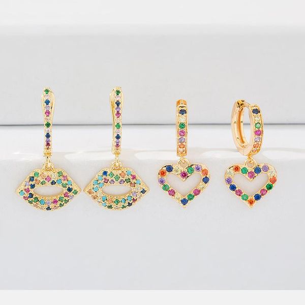 

2020 new fashion multicolor cz love heart shaped drop earirngs bohemian lips statement huggie cubic zirconia jewelry, Silver